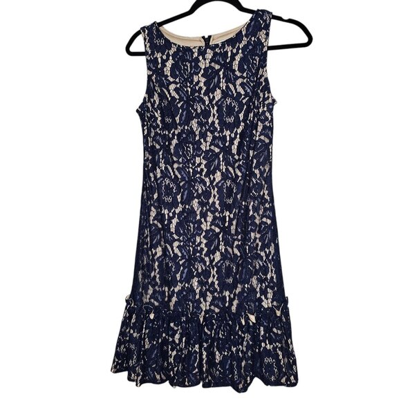 Eliza J 2 Navy Blue Nude Lace Overlay Shift Dress Flounce Hem Cocktail Event - Picture 1 of 6